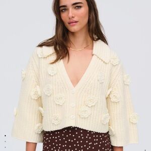 NWT For Love and Lemons Ivy Cardigan Cream Sweater with Floral Accents